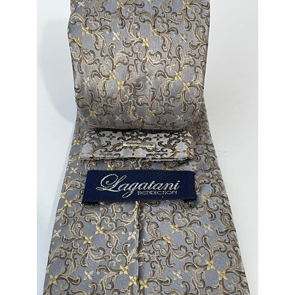 Lagatani Bendiction Silk Necktie Long Silver Gold Embossed Bridgerton Regency - Picture 3 of 6